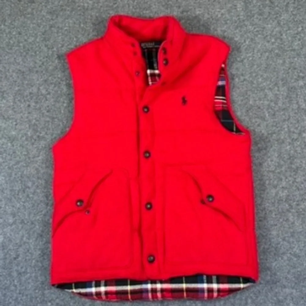 Polo Ralph Lauren Mens Red Quilted Puffer Vest Plaid Lining Snap Front Small
